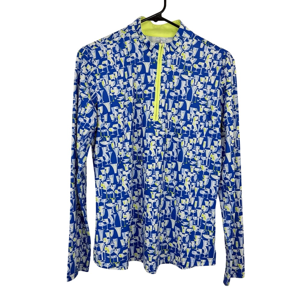 SanSoleil Top Womens Medium Blue UV 50 Quarter Zip Cocktail Print Golf Sun